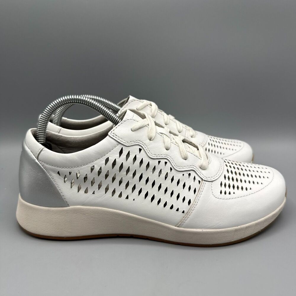 Dansko Charlie Leather Comfort Sneakers Tennis Cut Out White Silver Size 10.5-11